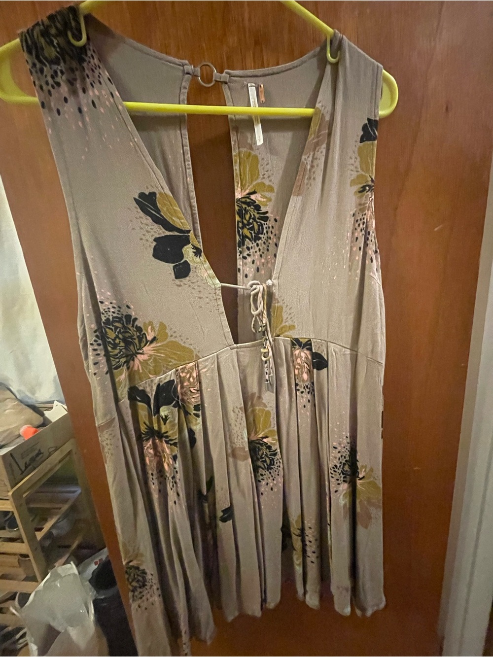 Free People Taupe Floral Sleeveless Maxi Dress with Olive & Black Accents